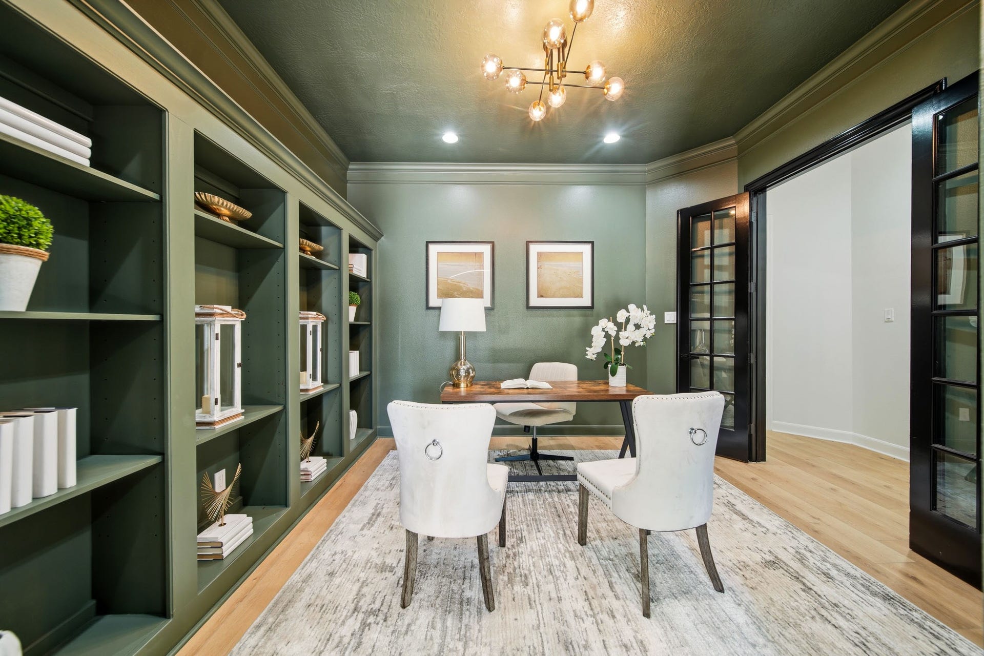 15 Bees Creek Court, Missouri City, TX 77459 Private home office with built-in shelving, French doors, and refined designer touches.