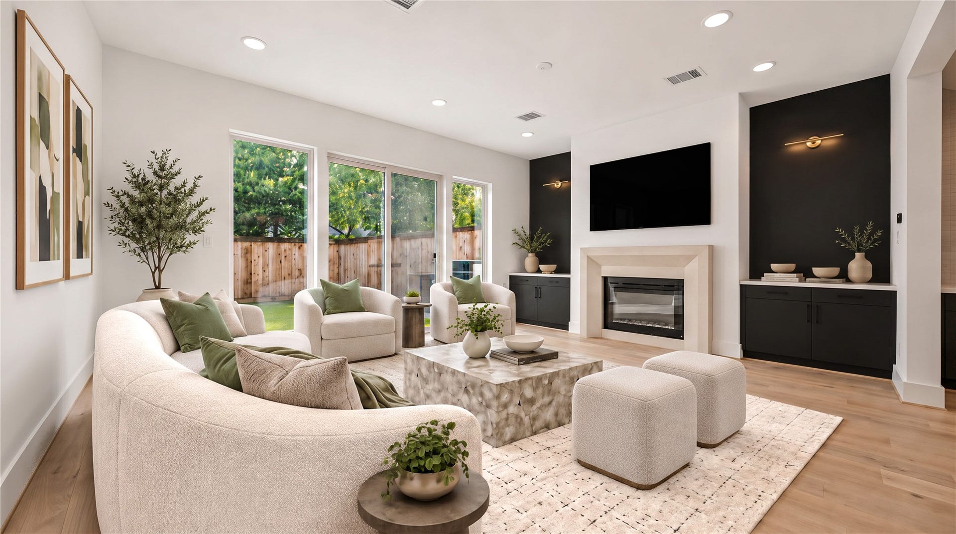 4305 Floyd Street, #B, Houston, TX 77007 Living room a wall of sliding glass doors fills the space with natural light and opens to the backyard. (virtual staging)