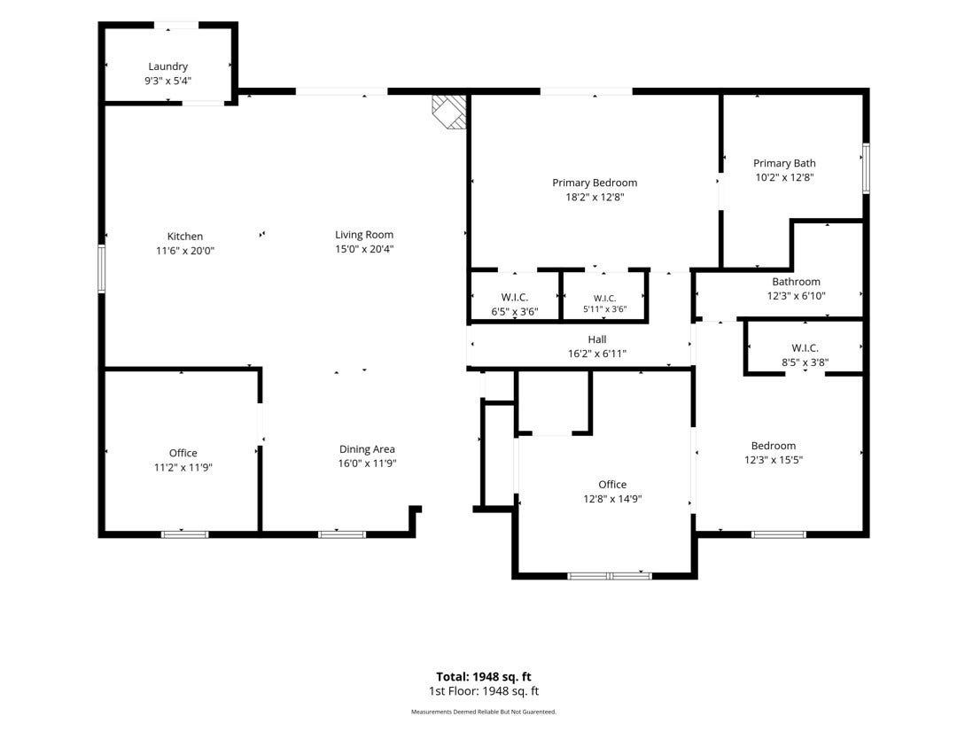 12710 Mutiny Lane, Tomball, TX 77377 Main-house floor plan showing the living and dining areas, kitchen, bedrooms, flexible office spaces, bathrooms, and laundry room. Dimensions are approximate.