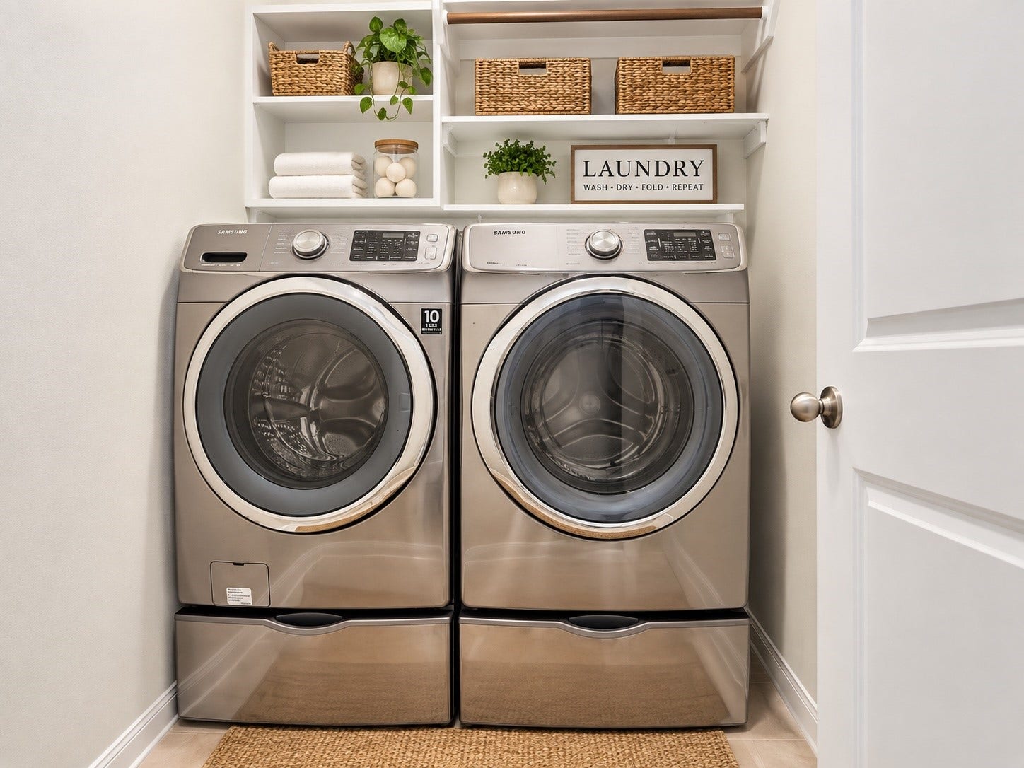 11351 Cosmopolitan Drive, Cypress, TX 77433 Convenient first-floor laundry room with a well organized layout, built in shelving and hanging rack. Compact yet perfectly suited for the washer/dryer.