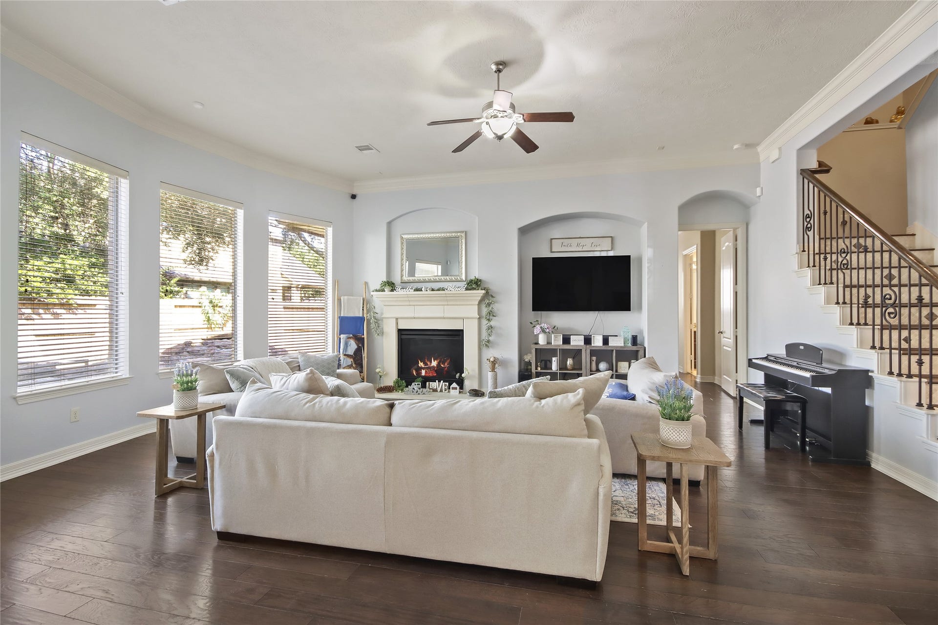The living room flows into the kitchen. Hence, view from the kitchen.