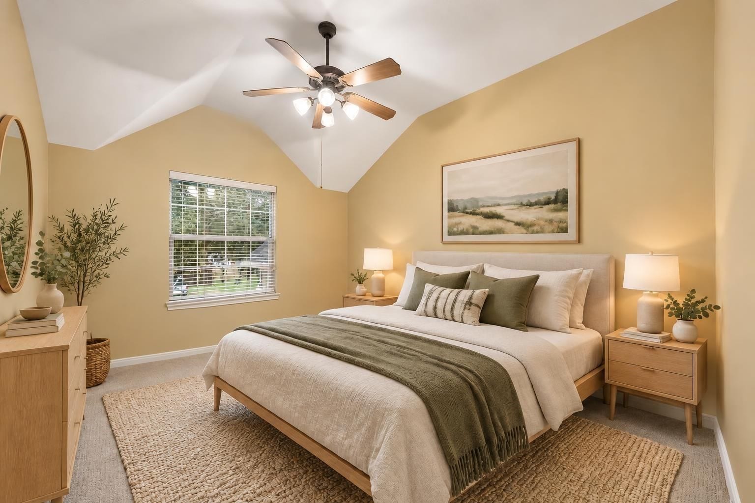 One of 4 secondary bedrooms, located on 2nd floor, freshly updated. Virtually staged here as a guest room.