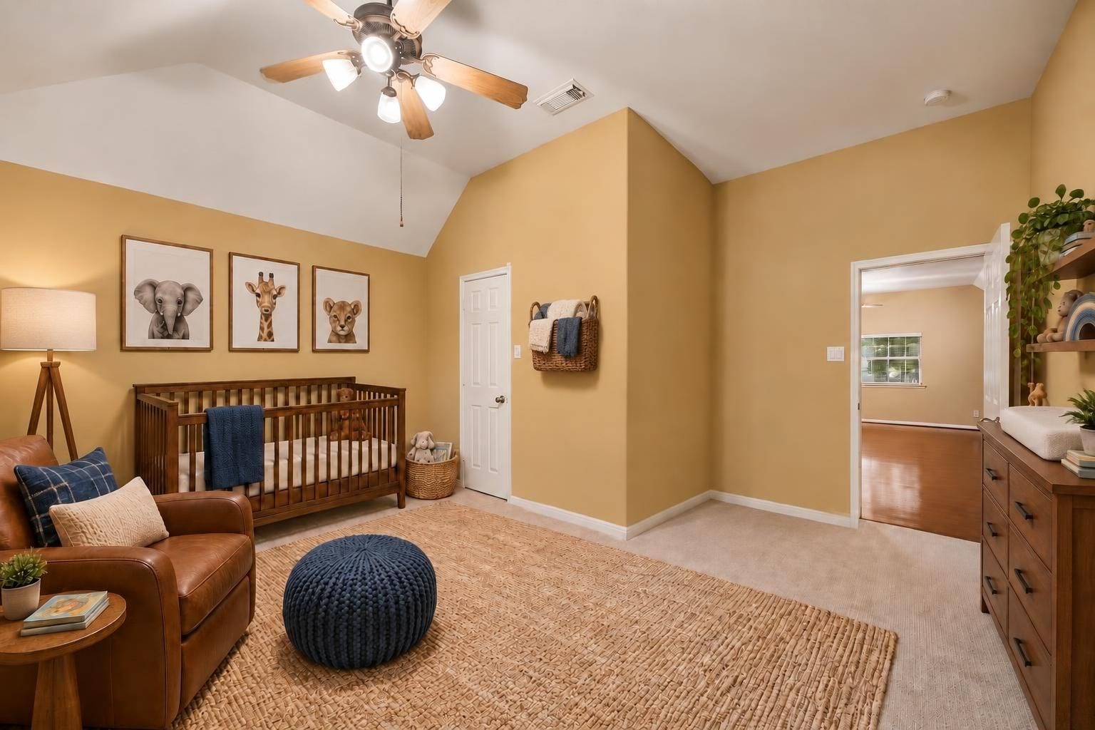 Oversized secondary bedroom on 2nd floor, freshly updated with paint and new carpet. Virtually staged here as a nursery.
