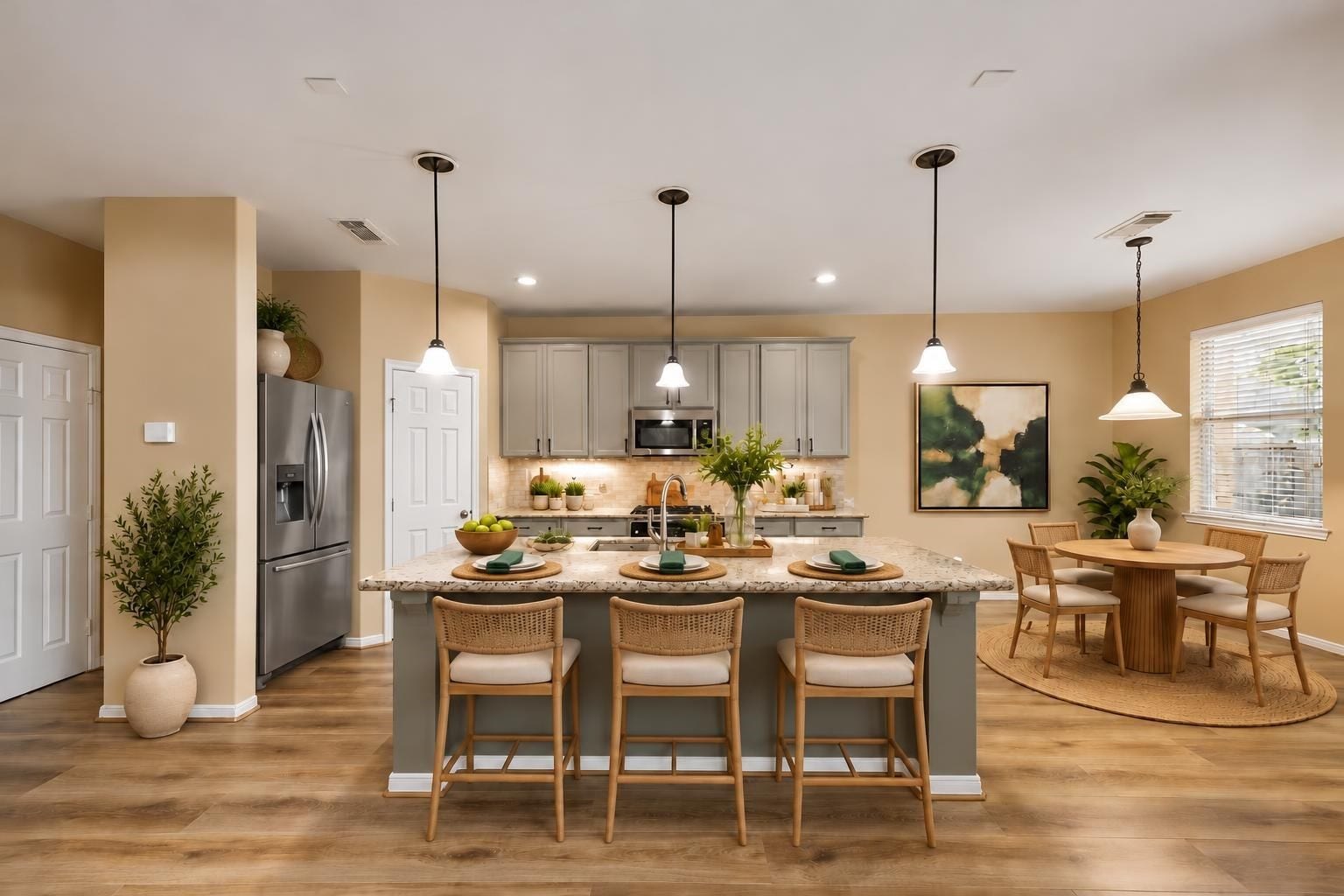 Kitchen breakfast bar, open to family room. Virtually staged