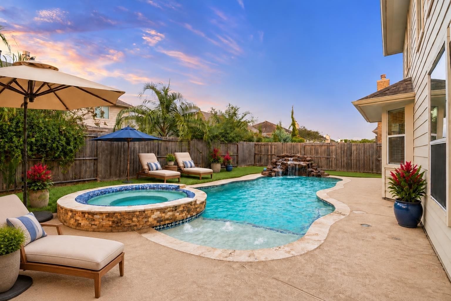 Large pool & spa area  virtually staged with pool furniture.