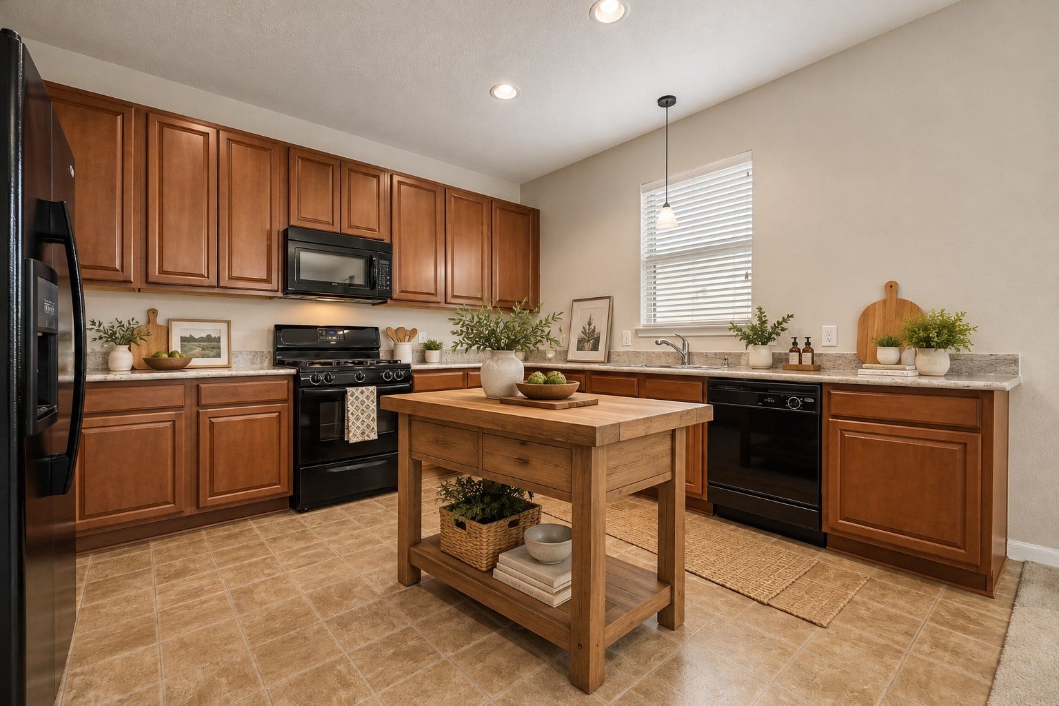 1624 Ponte Leone Lane, League City, TX 77573 Virtually staged to illustrate how a freestanding island could enhance the kitchen's functionality. Island not included.