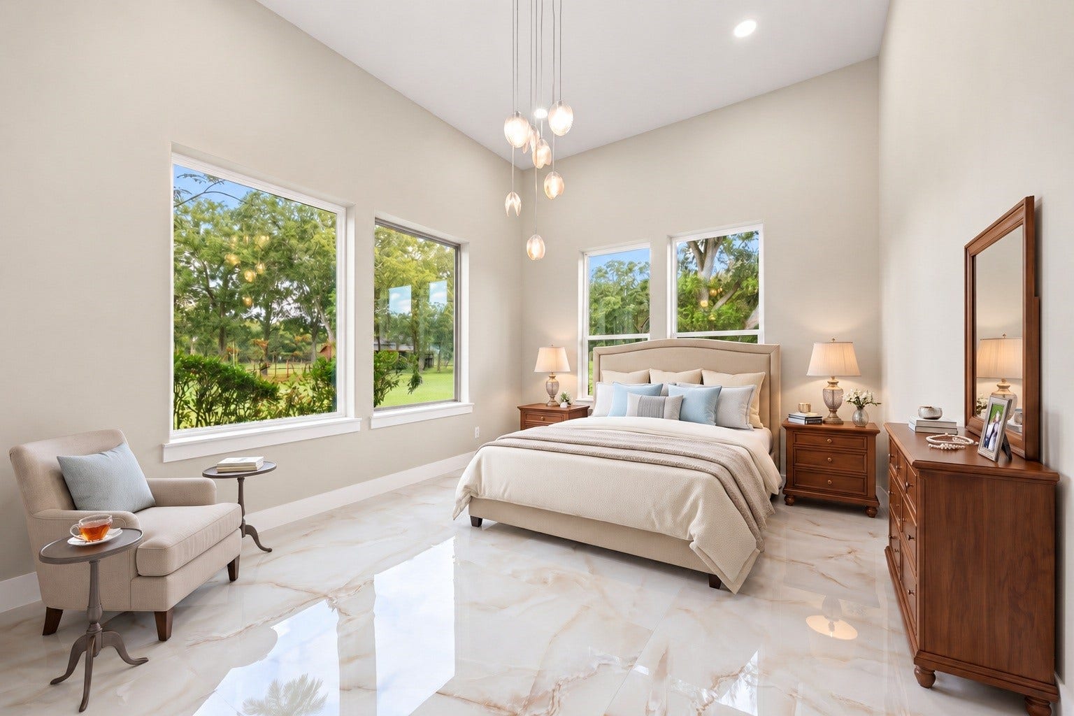 6830 Bois D Arc Lane, Fulshear, TX 77406 This private guest suite includes its own sitting area and full bathroom, with high ceilings, statement pendant lighting, and picture windows overlooking the grounds.