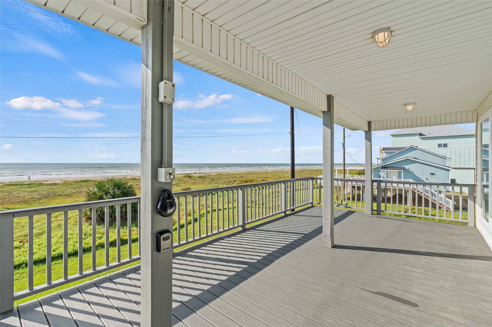 21631 Termini San Luis Pass Road, Galveston, TX 77554 Expansive covered deck with stunning ocean views, perfect for relaxing and enjoying the coastal breeze.