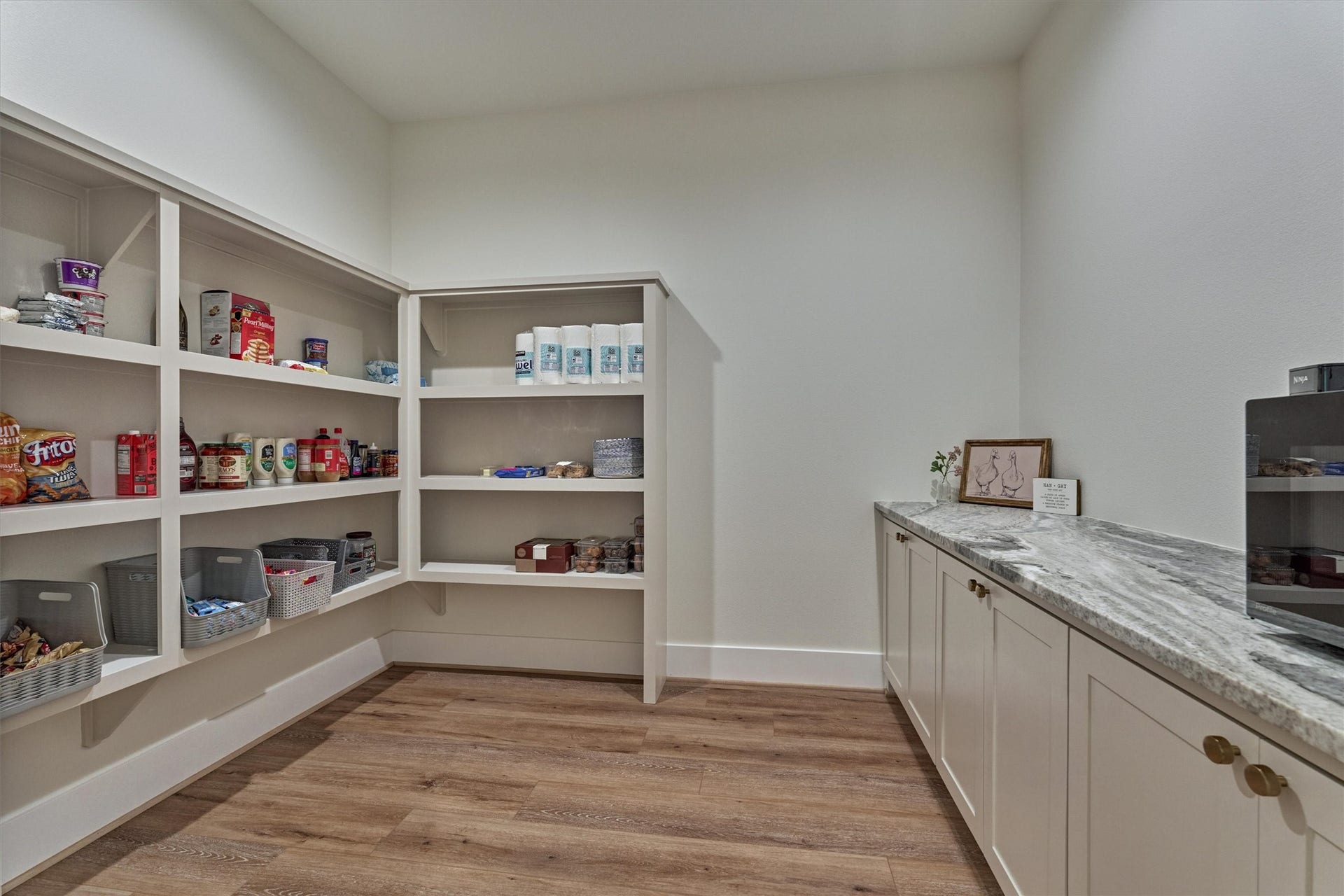 8616 Grand Lake Estates Drive, Montgomery, TX 77316 This walk-in pantry is a dream! Tons of built-in shelving and cabinetry, plus a versatile dry bar that could easily serve as a coffee bar, beverage station, and more.