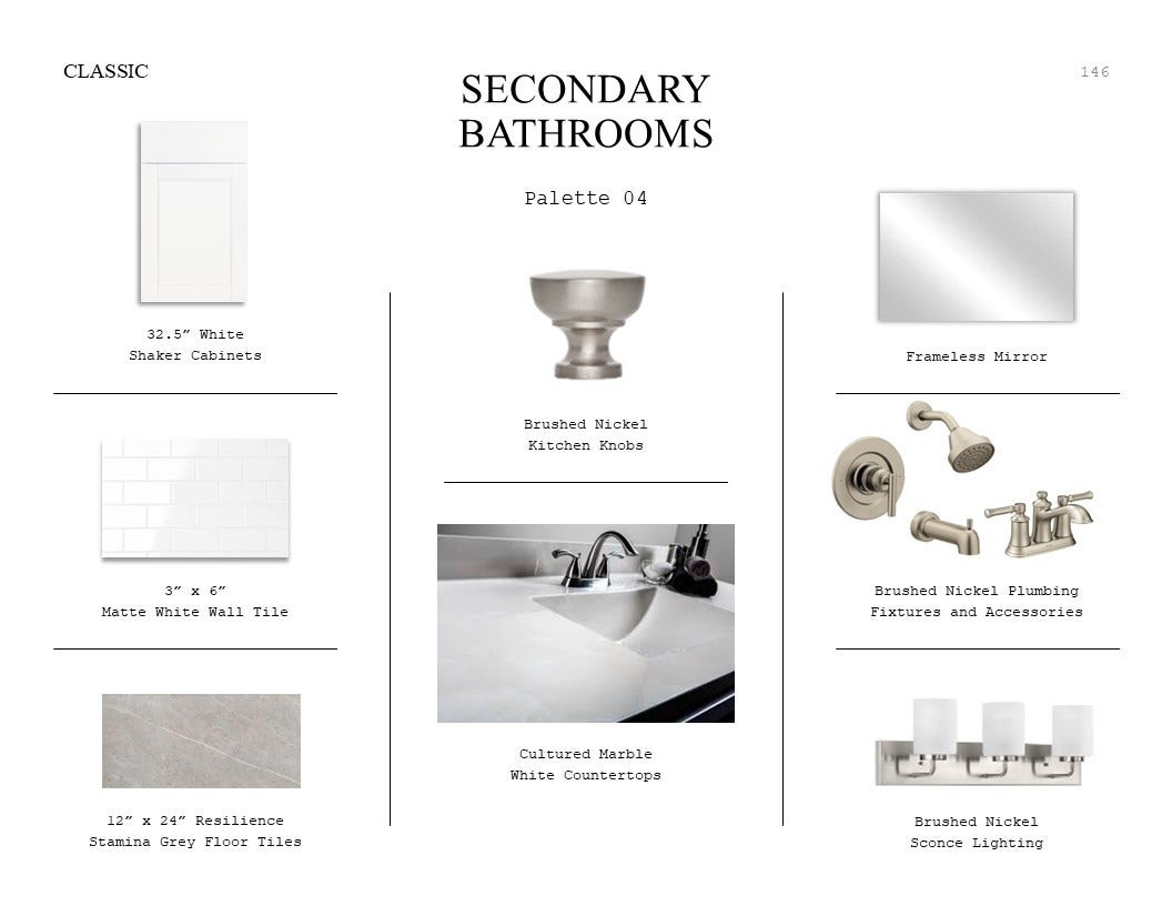 Classic Look Palette 4: Secondary Bathrooms Selection Sheet (*Artist rendering used for illustration purposes only.)