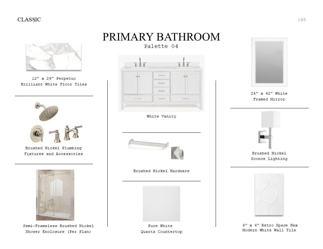 Classic Look Palette 4: Primary Bathroom Selection Sheet (*Artist rendering used for illustration purposes only.)