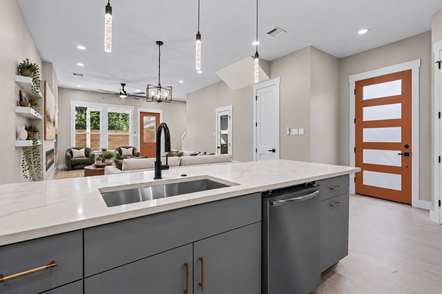 2412 Terry Street, #B, Houston, TX 77009 Virtually Staged: Combining functional prep space with stylish features, this central kitchen island offers seamless connectivity to the main room.