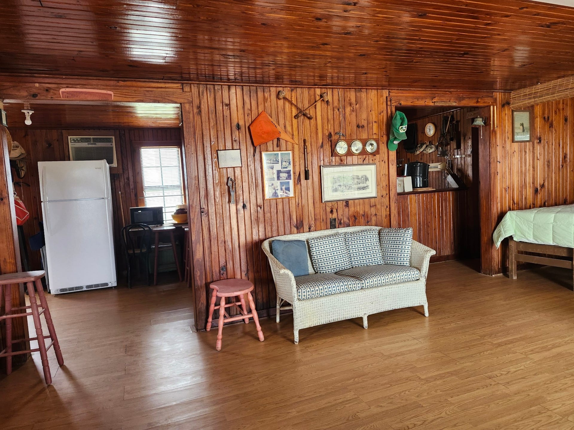 The kitchen and a full bathroom are off the main room