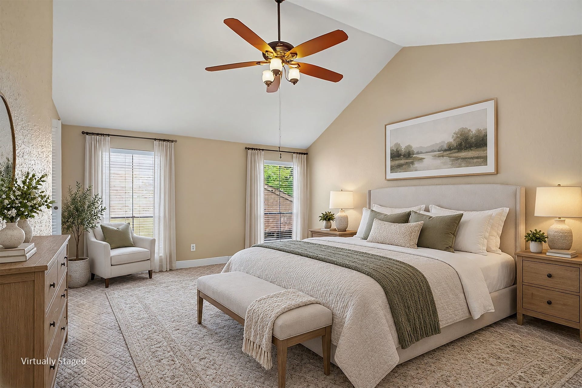 Virtually staged primary bedroom showcases the size of the room with plenty of space for larger furniture