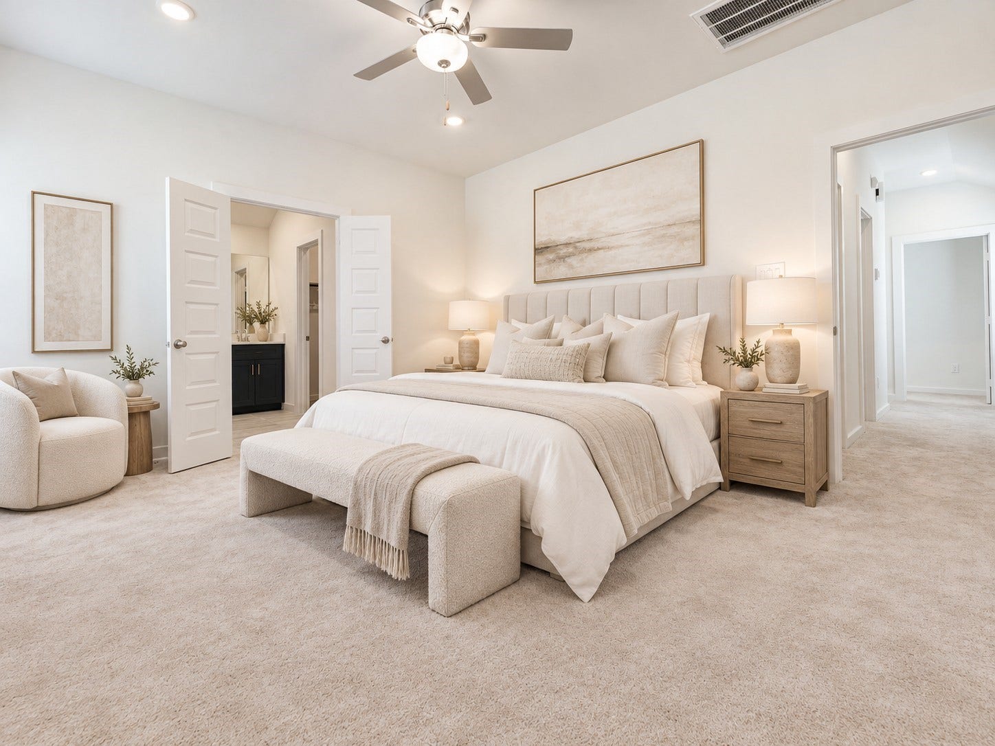 1115 Santee Court, Rosharon, TX 77583 The primary bedroom from another angle shows how well it is sized, with a ceiling fan and two large doors that open to the bath and a hallway. Soft carpet underfoot and neutral walls create a calm, restful setting, and there is enough room for a desk or reading chair beside the window. It is a peaceful place to end the day. This photo has been virtually staged for visual reference.