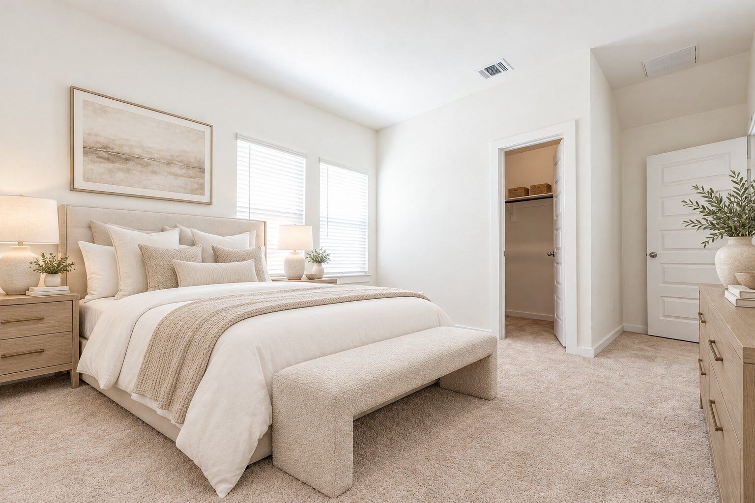 1115 Santee Court, Rosharon, TX 77583 This carpeted bedroom has two windows with blinds that fill the room with soft light, and a doorway to a closet. The neutral walls make it easy to decorate. It is a flexible space for a bedroom, guest room, nursery or home office with room for a desk and storage. This photo has been virtually staged for visual reference.
