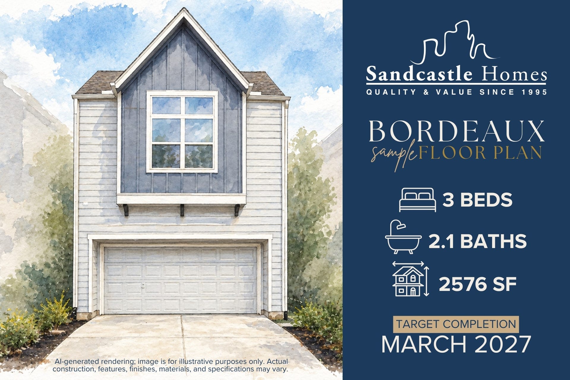 This beautifully styled elevation captures the classic curb appeal Sandcastle Homes is known forfeaturing clean lines, craftsman detailing, and a private two-car driveway in one of Houstons most walkable neighborhoods.