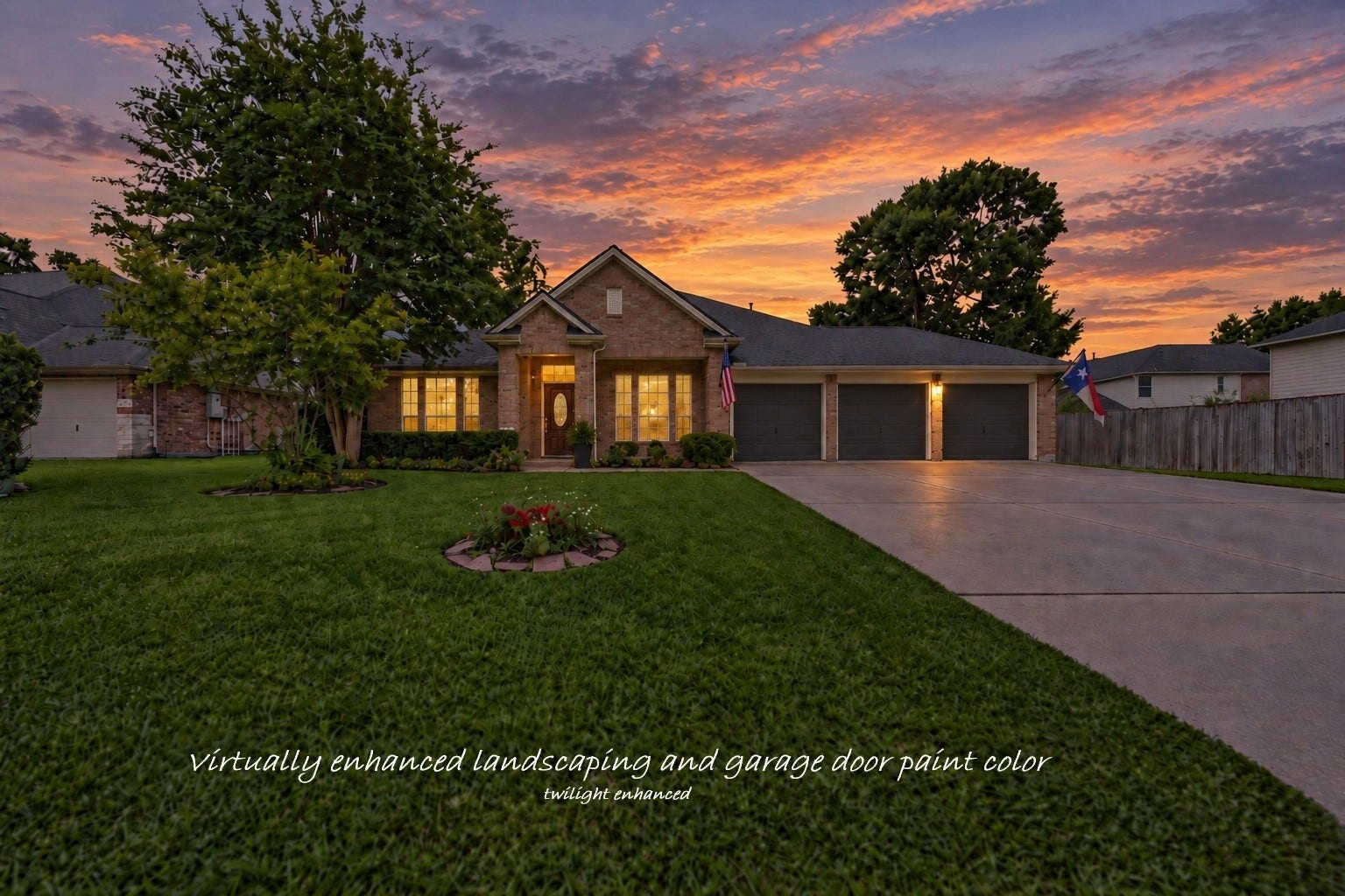 1859 Pembrook Circle, Conroe, TX 77301 VIRTUALLY ENHANCED to show 3car garage doors with Urbane Bronze (color may differ from rendering) and minimal landscaping update. Triple-wide driveway means no more parking spot swapping to accommodate multiple drivers!