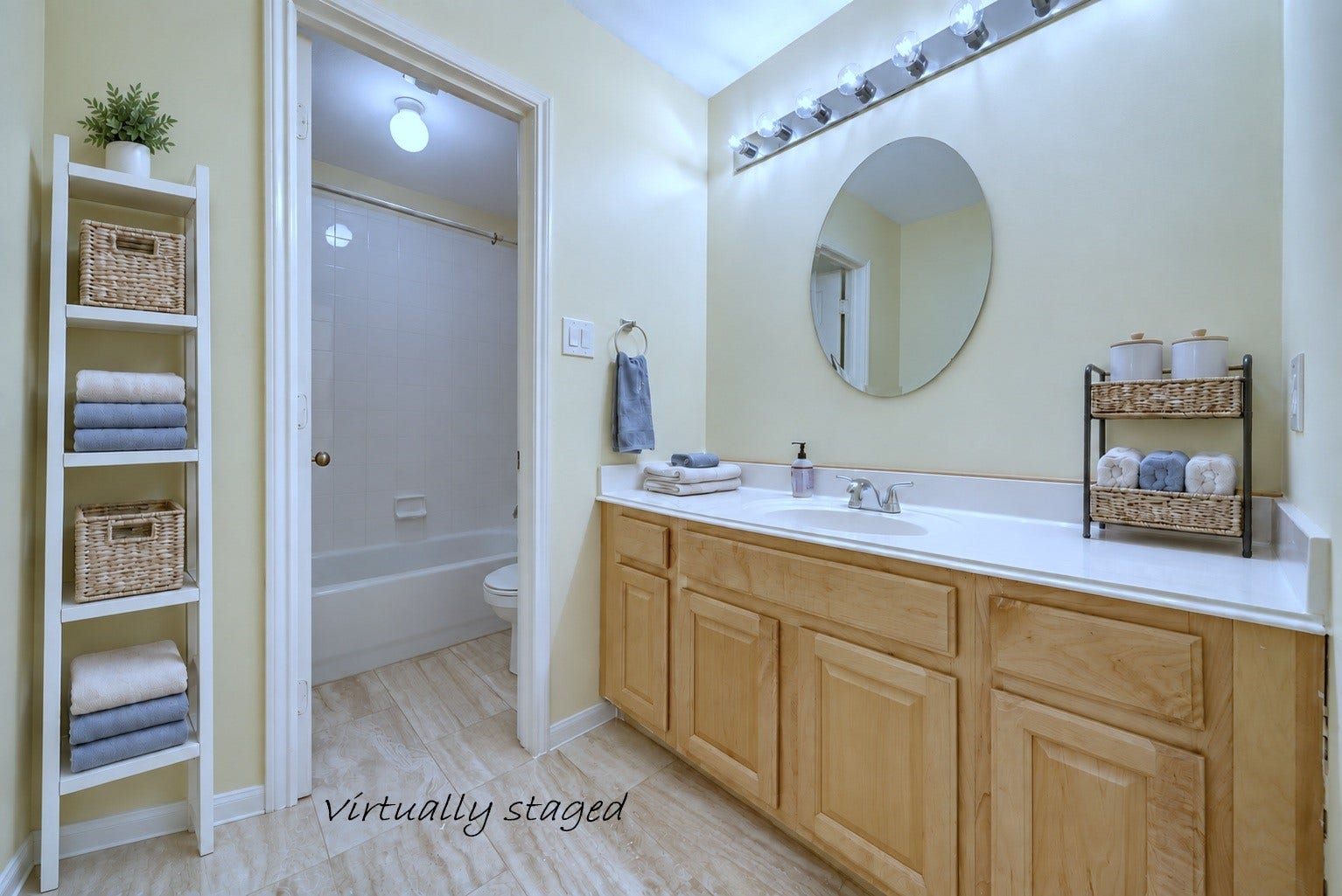 1859 Pembrook Circle, Conroe, TX 77301 Virtually staged full bath with private shower & toilet zone. Linen closet just behind the door to shower zone.