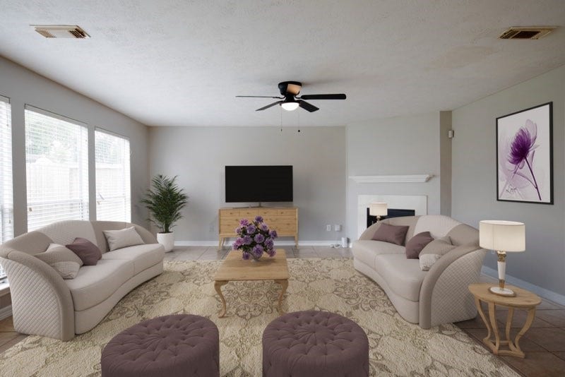 19946 Mason Creek Drive, Katy, TX 77449 Virtual staging of den with fireplace off the kitchen with backyard view
