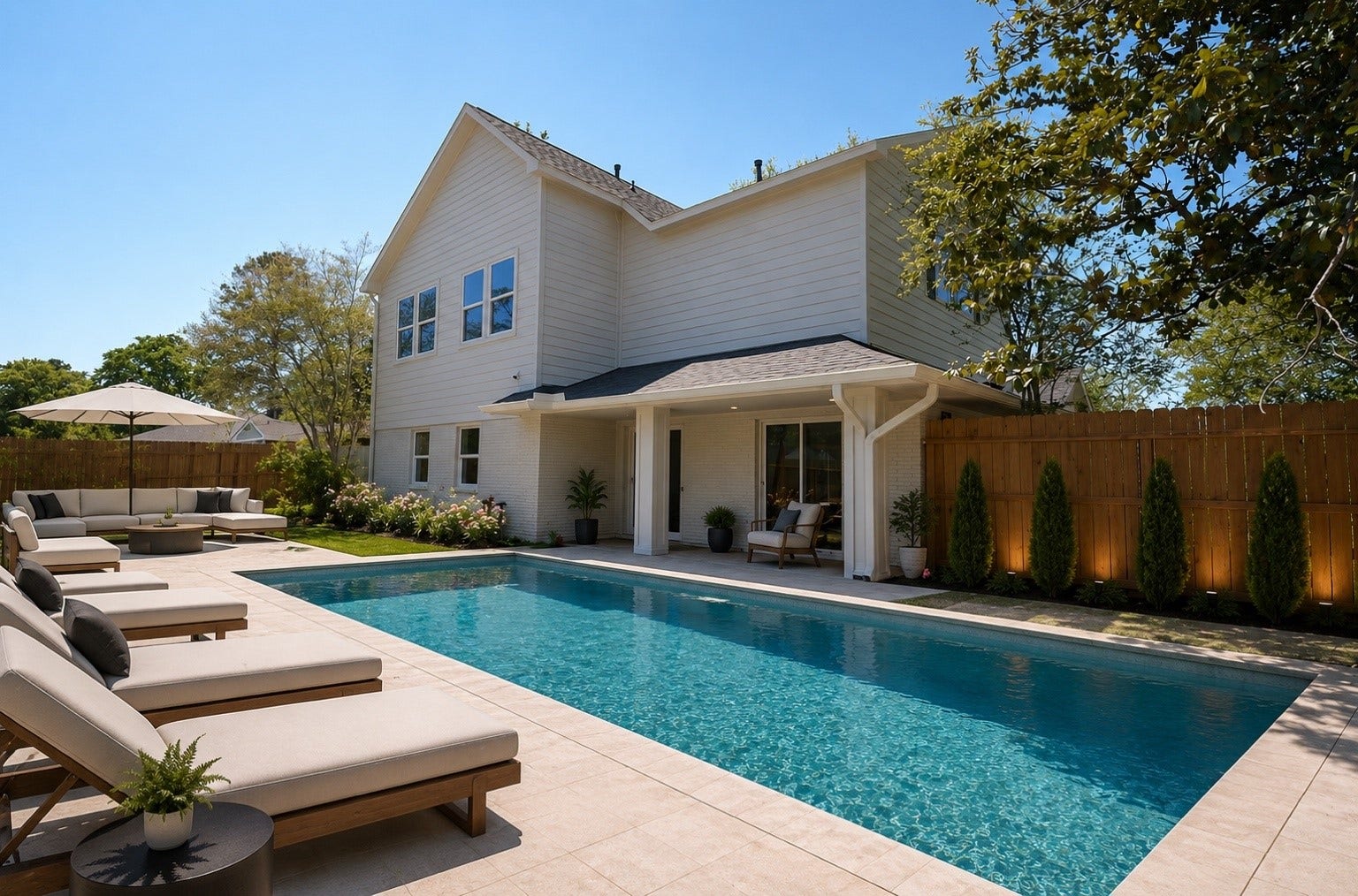 1207 Martin Street, Houston, TX 77018 Virtually staged rendering showcasing the backyards potential with a modern rectangular pool, luxury lounge seating, and resort-style outdoor living design.