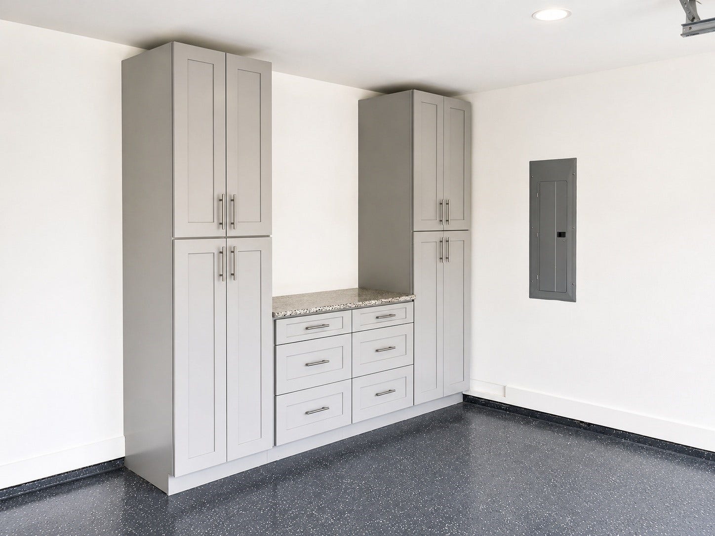 1207 Martin Street, Houston, TX 77018 Custom built-in cabinetry with quartz countertop, ample storage, and a durable epoxy floor.