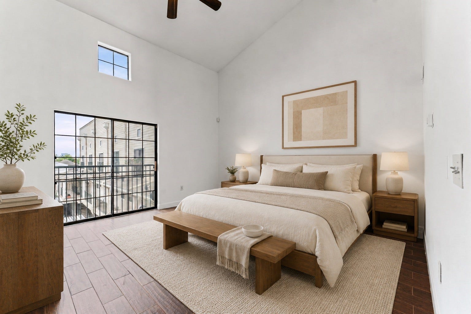 1602 Elgin Street, #10, Houston, TX 77004 The primary bedroom boasts soaring ceilings that give it a stunning loft-like feel.