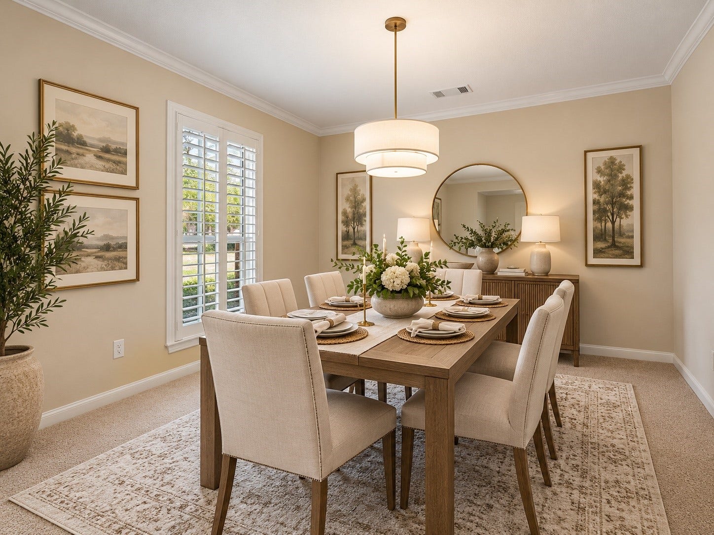 3427 Tree Lane, Kingwood, TX 77339 Digitally staged. The dining room is large with plantation shutters.