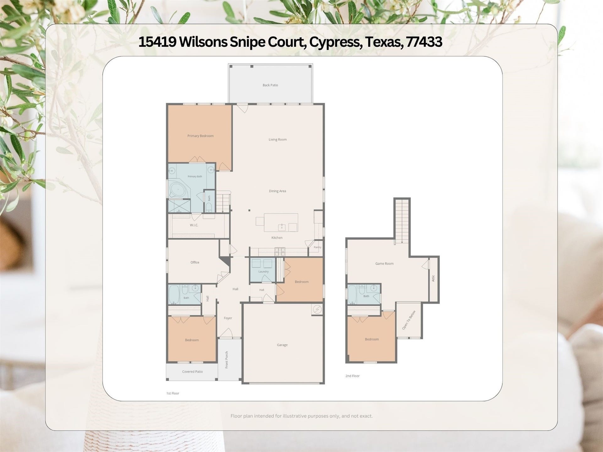 15419 Wilsons Snipe Court, Cypress, TX 77433 This floor plan tells the story: primary suite, two secondary bedrooms, study and the main living areas are downstairs, while the fourth bedroom, third full bath and game room are upstairs. Primarily first-floor living with bonus space exactly where you want it.