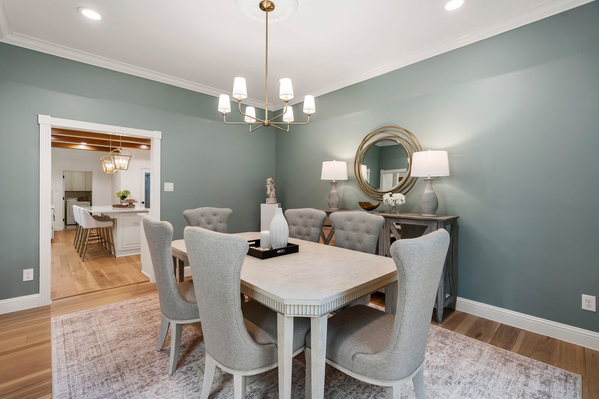 11407 Holidan Way, Hedwig Village, TX 77024 Another view of the spacious formal dining room showcasing generous wall space for additional furnishings & art. Direct connection to the kitchen enhances functionality for both everyday meals & larger gatherings.