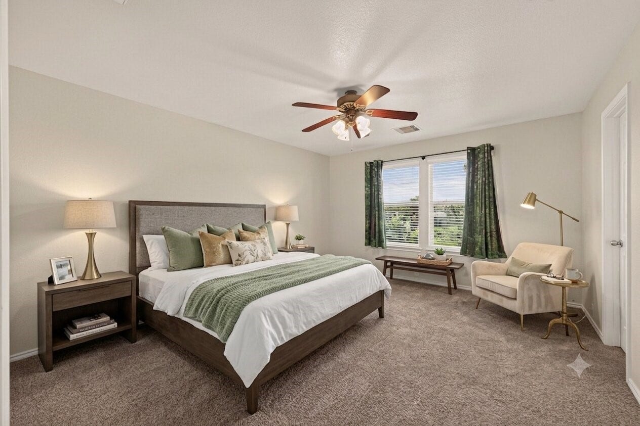 26130 Ripley Hills Drive, Richmond, TX 77406 This virtually staged bedroom offers a serene retreat with its cozy carpeting, elegant furnishings, and ample natural light streaming through large windows, creating a perfect blend of comfort and style.