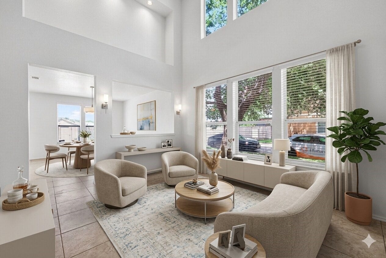 26130 Ripley Hills Drive, Richmond, TX 77406 This virtually staged formal living room boasts high ceilings and abundant natural light, offering a spacious and inviting atmosphere perfect for stylish gatherings.