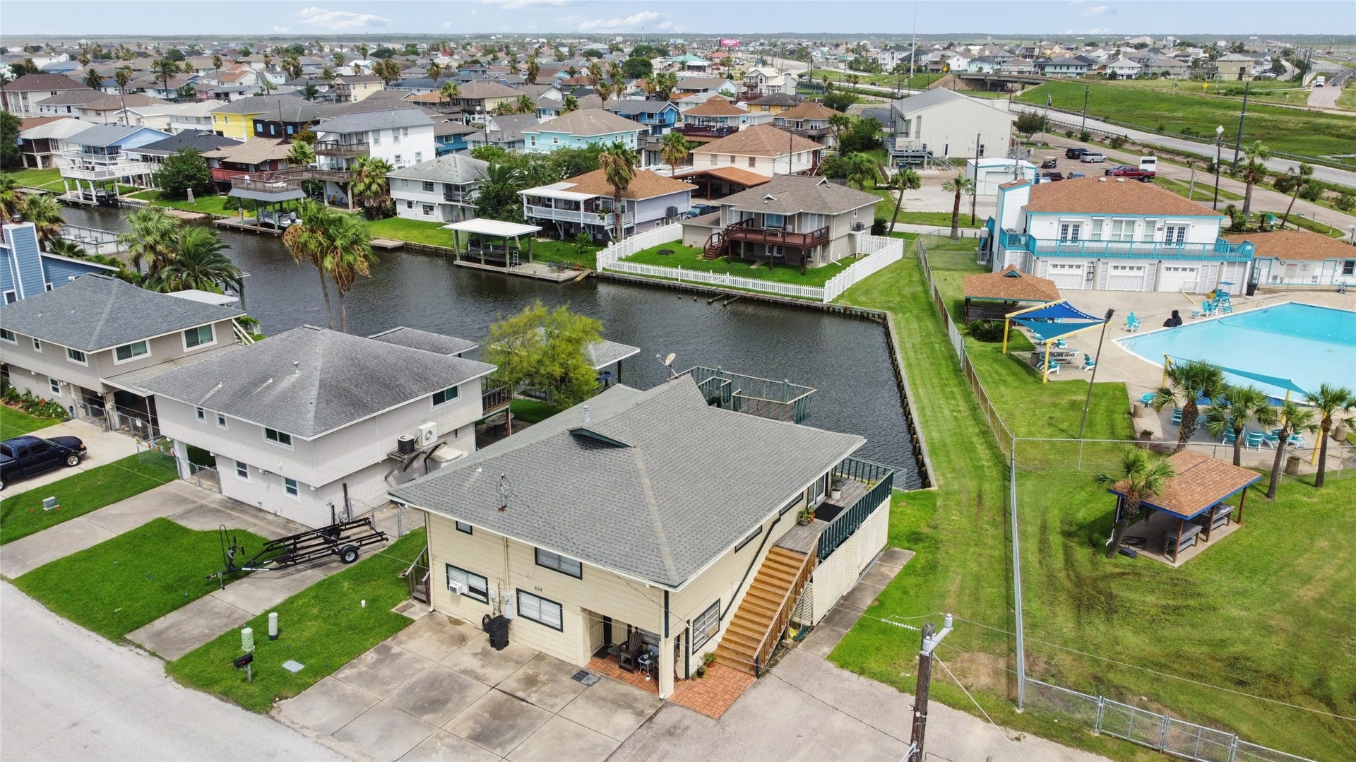856 Bonita Street, Bayou Vista, TX 77563 Ariel view. The small, covered area is where you bring in your fish to measure and weigh on Memorial Day Weekend for the fishing tournament for adults and children.