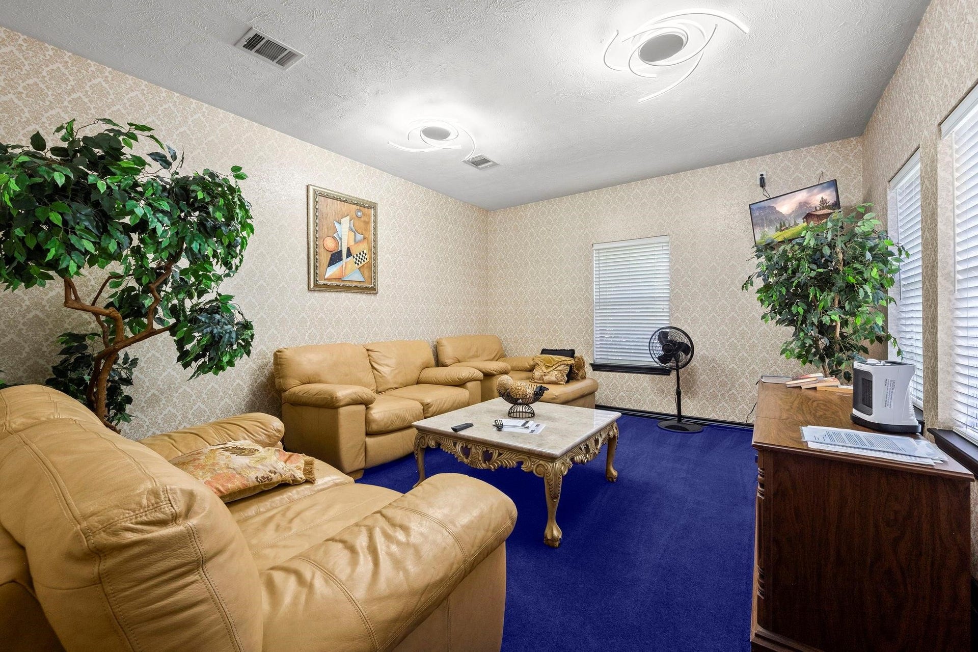 This is a well-lit, cozy living space featuring a matching tan sofa set and a classic coffee table. The room has a vibrant purple carpet, textured wallpaper, and is accented with indoor plants and wall art. The space is equipped with two windows for natural light and a ceiling fan for comfort.
