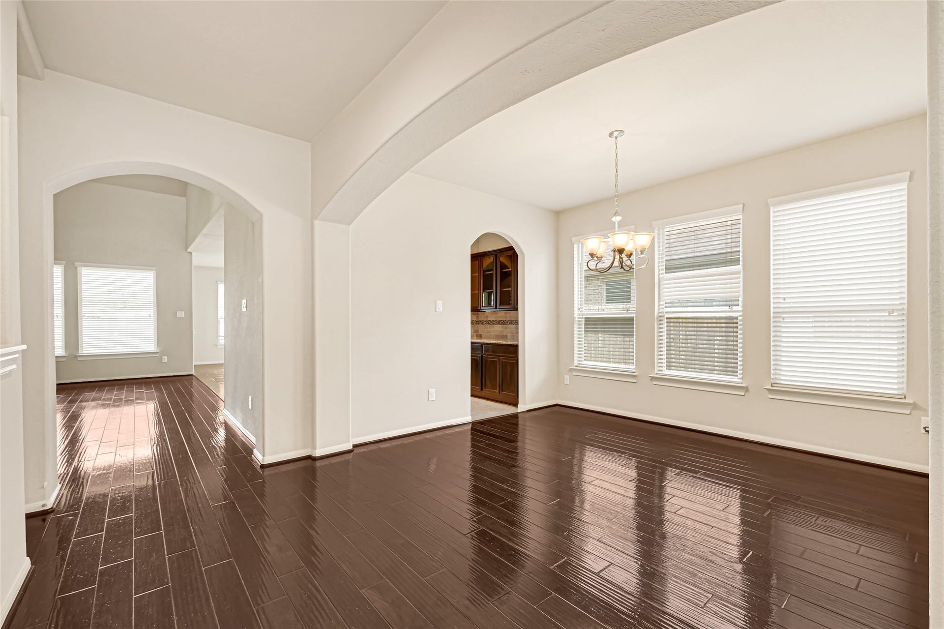 736 Somerset Landing Lane, League City, TX 77573 Formal dining space with hardwood flooring, arched openings, and abundant natural light.