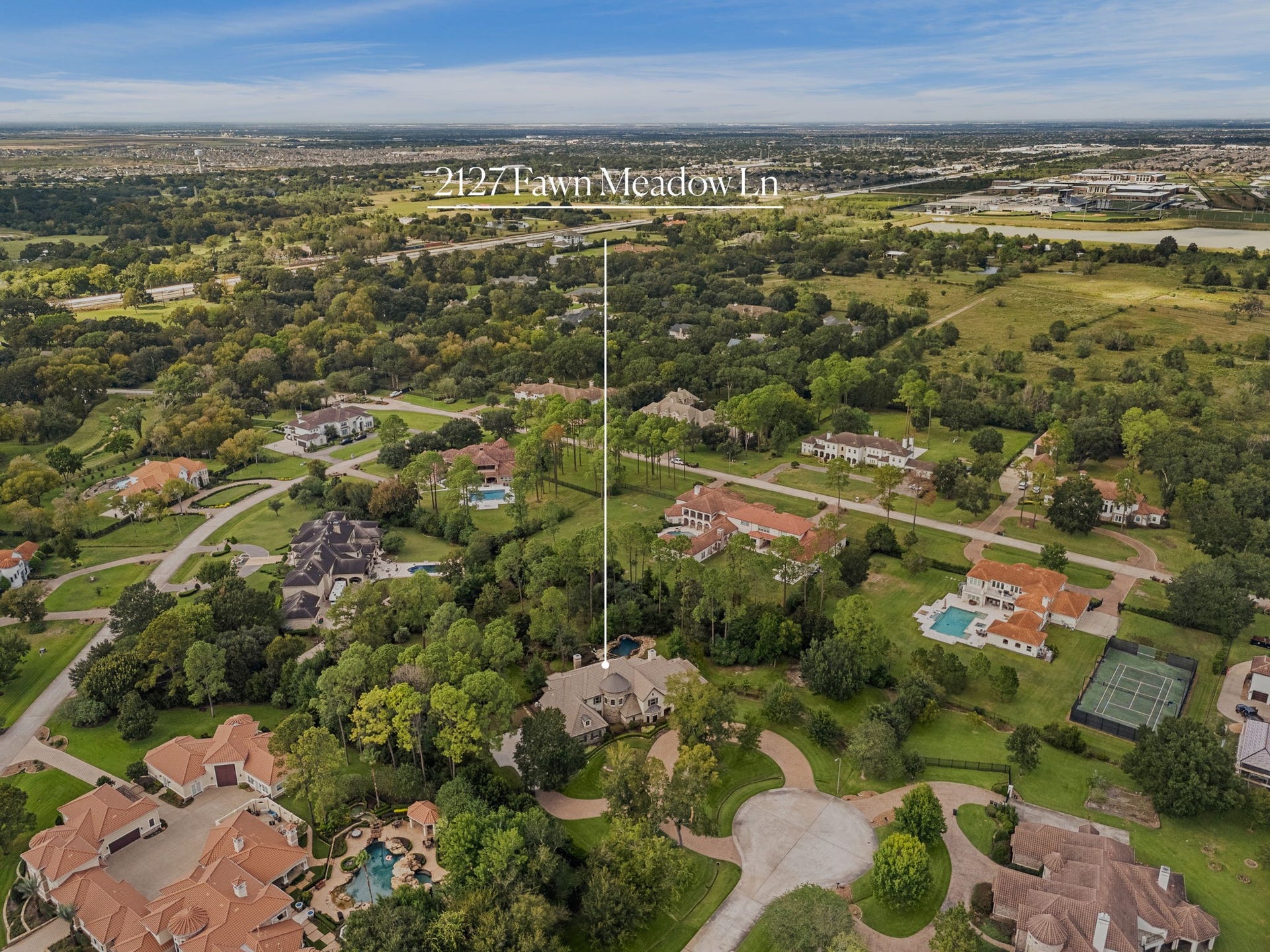 2127 Fawn Meadow Lane, Richmond, TX 77406 Aerial view showcasing the expansive property and surrounding landscape at the end of a quiet cul-de-sac street.