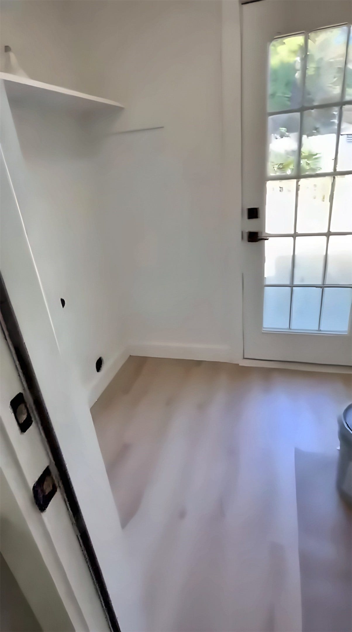 Room with wood-look flooring, built-in shelf and glass door