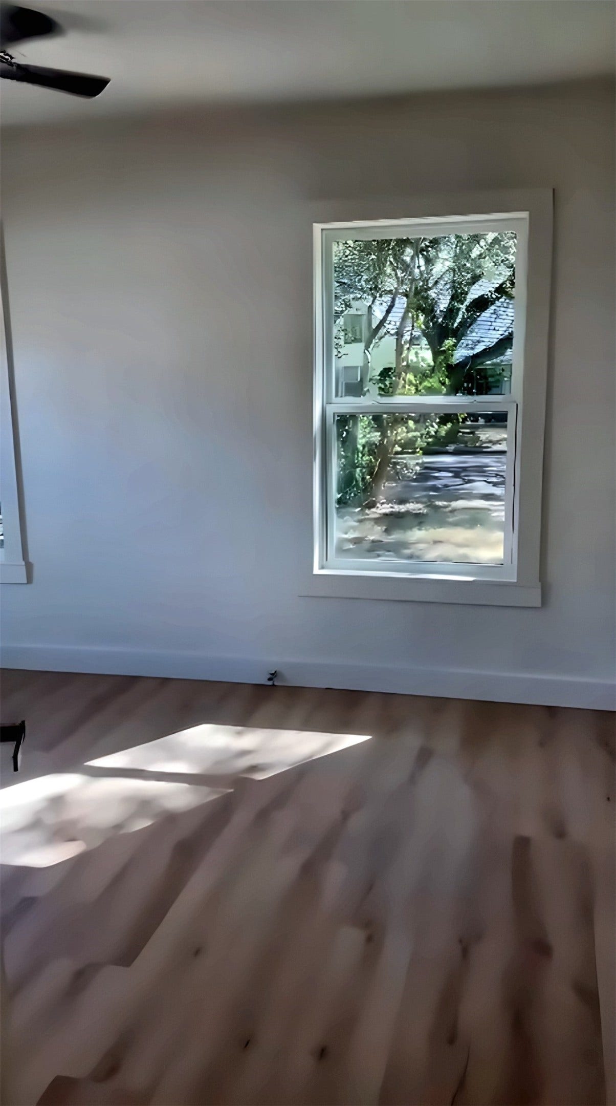Room with large window and wood-look flooring