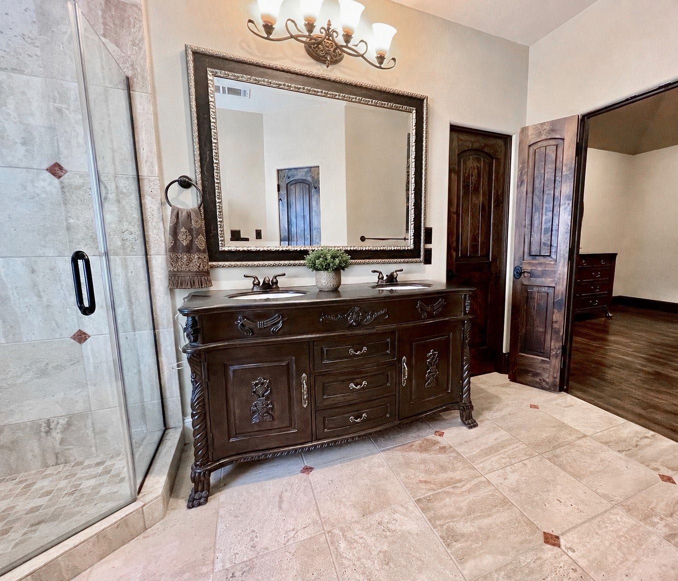 1241 W 24th Street, #C, Houston, TX 77008 Solid wood vanity and travertine floors.