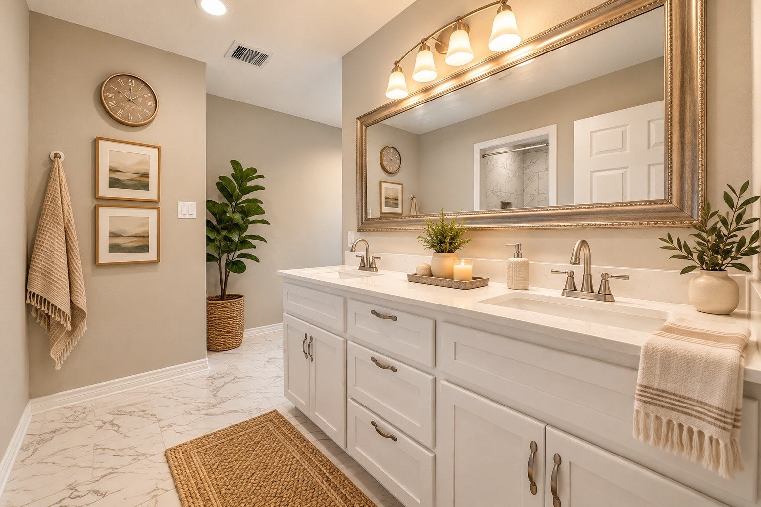 450 N Sunset Boulevard, Holiday Lakes, TX 77515 The primary en-suite bathroom features a double-sink vanity with quartz countertops, modern cabinetry, and tile flooring. An open-concept walk-in closet adds convenience and plenty of storage. - (virtual staging)