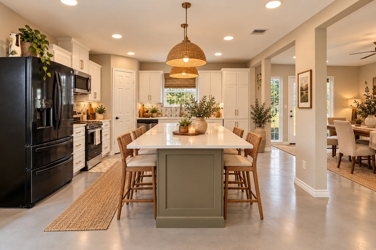 450 N Sunset Boulevard, Holiday Lakes, TX 77515 Kitchen: A large quartz island is perfect for family meals and gatherings. Stainless steel range, dishwasher and microwave, a patterned tile backsplash, and a pantry round out this kitchen for day to day convenience. - (virtual staging)