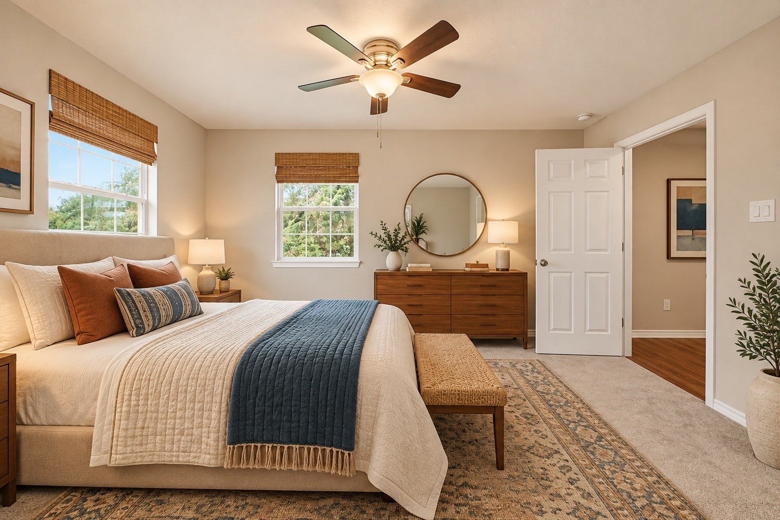 450 N Sunset Boulevard, Holiday Lakes, TX 77515 Retreat to the primary bedroom, where large windows fill the room with natural light. Plush carpet and ample space make it a comfortable, relaxing escape. - (virtual staging)