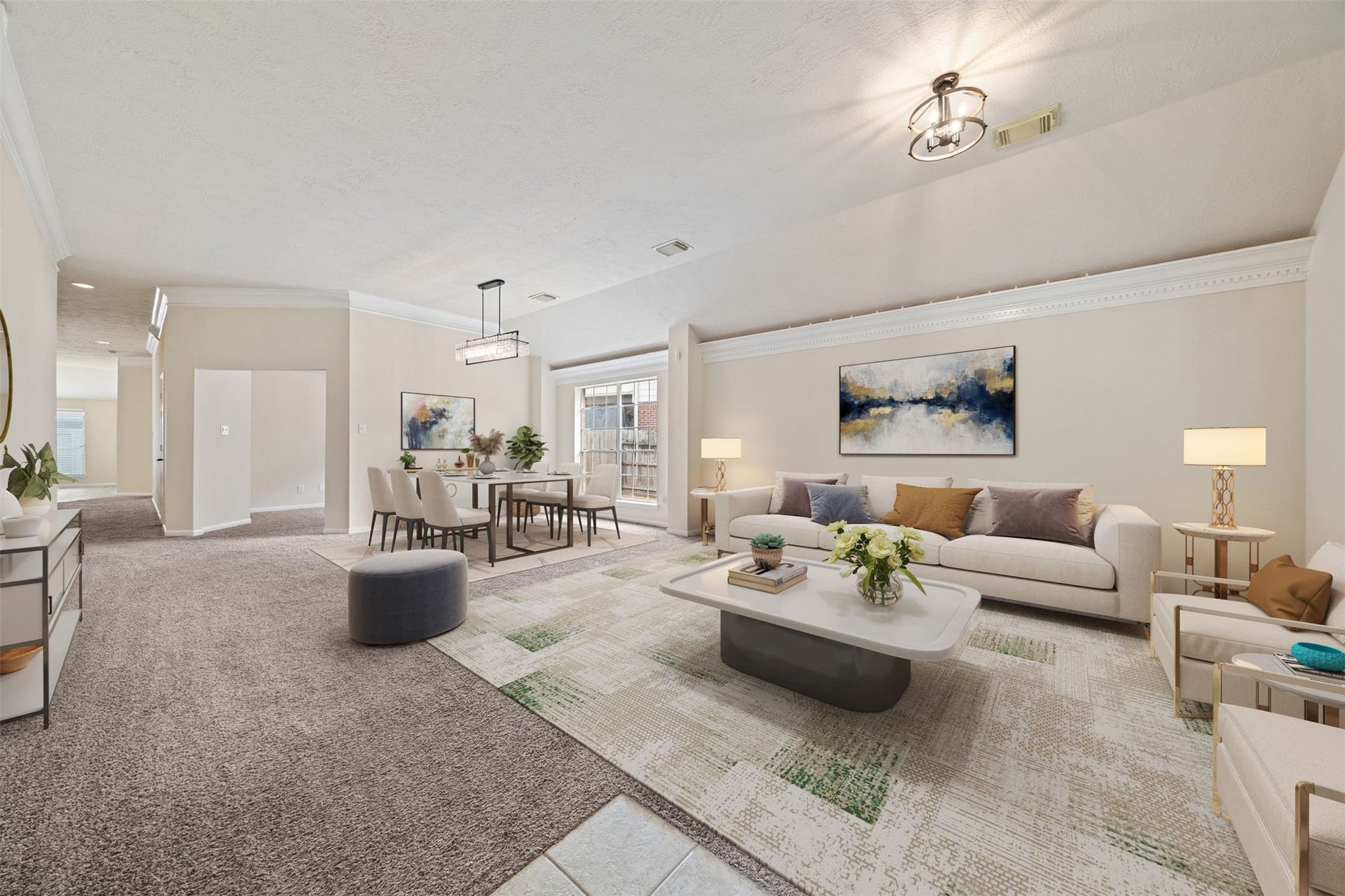 10902 Trail Ridge Drive, Houston, TX 77064 Formal living and dining area combines modern comfort with stylish design, perfect for both relaxation and entertaining. *virtually staged