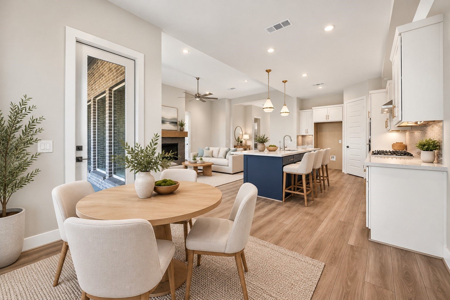 16270 Blue Mistflower Lane, Hockley, TX 77447 Open-Concept Kitchen, Dining & Living: Beautifully designed open floor plan featuring high ceilings, expansive living spaces, abundant natural light, and a seamless flow between the kitchen, dining area, and living room.