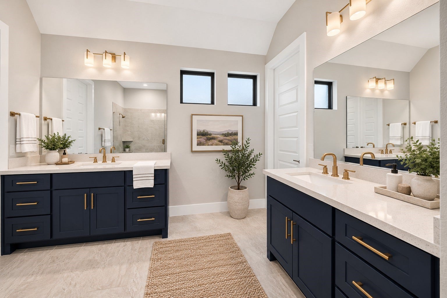 16270 Blue Mistflower Lane, Hockley, TX 77447 Primary Bathroom: Sophisticated navy vanities with elegant gold hardware, expansive countertops, and modern lighting create a refined, spa-inspired atmosphere.