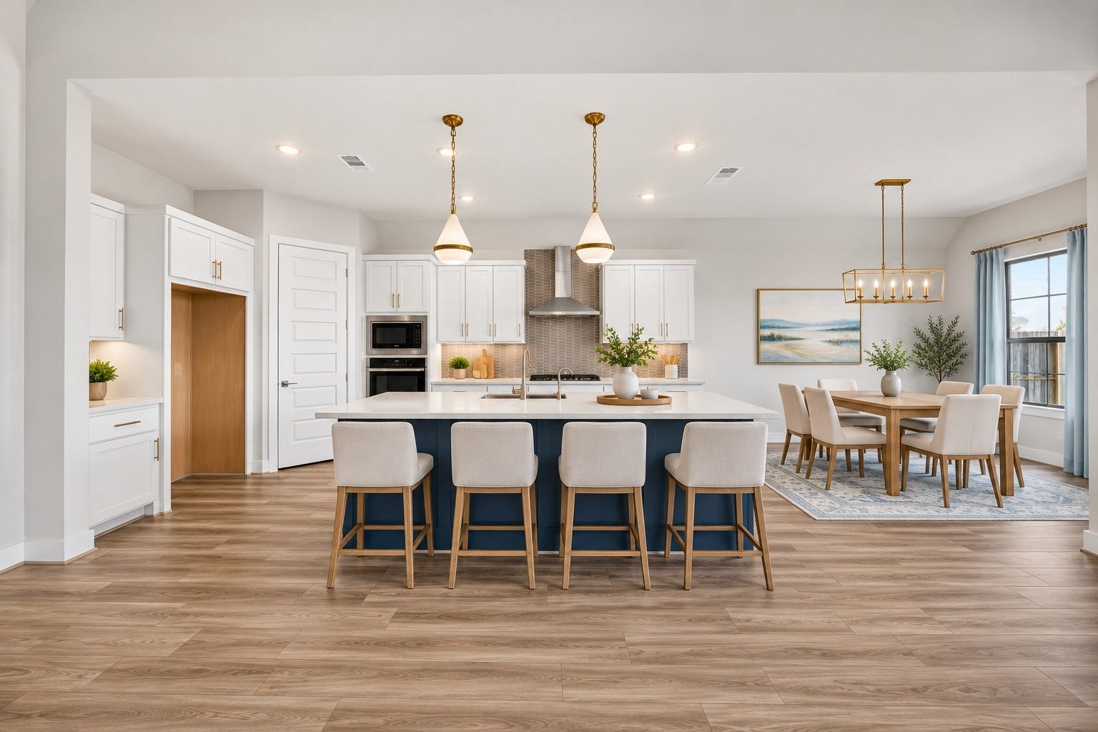 16270 Blue Mistflower Lane, Hockley, TX 77447 Kitchen & Dining Area: Impressive open-concept kitchen and dining space highlighted by a statement navy island, beautiful pendant lighting, generous counter space, and an inviting dining area with abundant natural light.