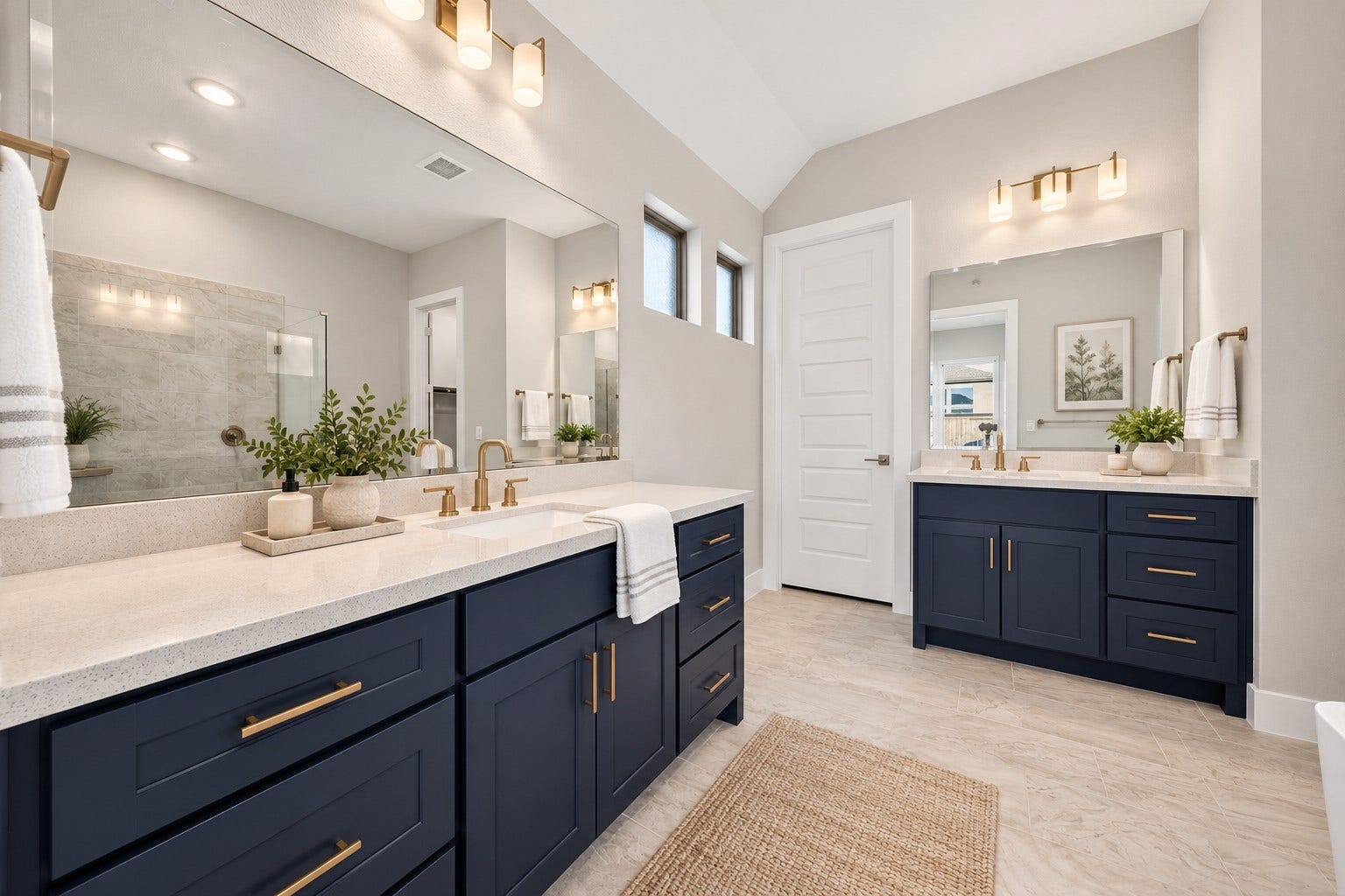 16270 Blue Mistflower Lane, Hockley, TX 77447 Primary Bathroom Additional View: Striking navy cabinetry, gold-tone fixtures, expansive mirrors, and separate vanities create a sophisticated yet functional space.