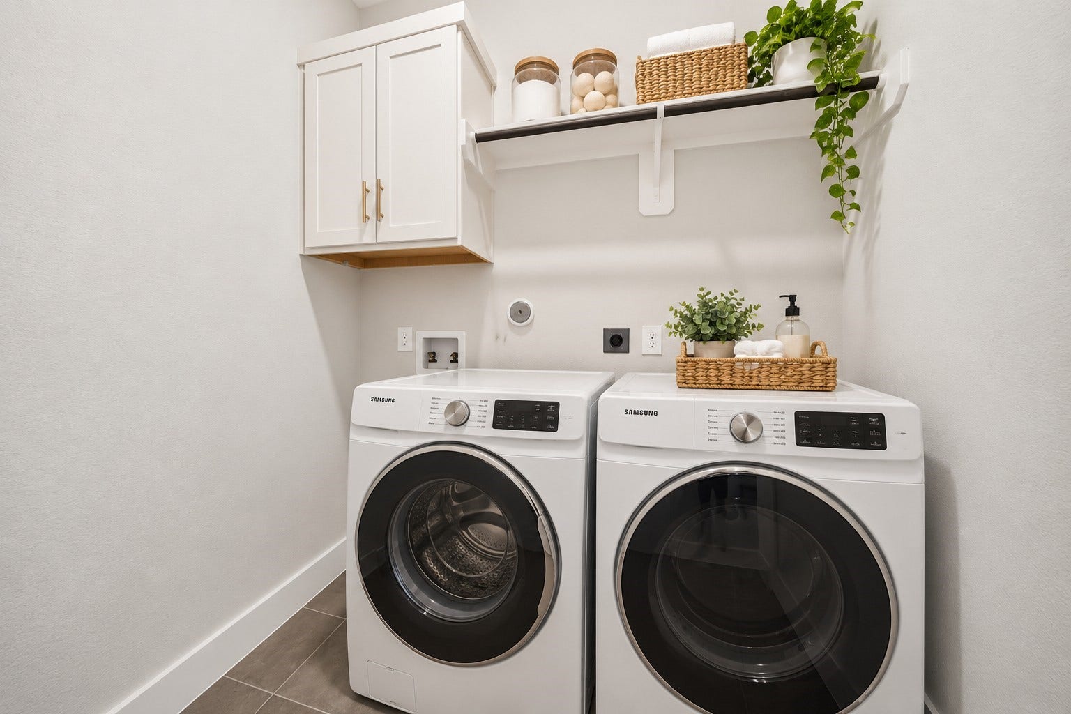 16270 Blue Mistflower Lane, Hockley, TX 77447 Laundry Room: Dedicated laundry area featuring upper cabinetry, open shelving, and convenient side-by-side laundry connections for practical everyday organization.