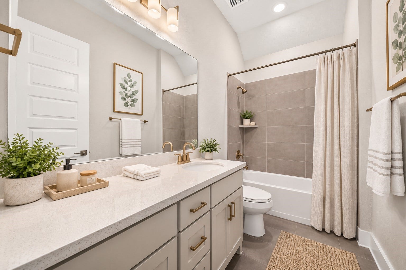 16270 Blue Mistflower Lane, Hockley, TX 77447 Secondary Bathroom: Beautifully appointed bathroom featuring a sleek white vanity, contemporary fixtures, and a tub/shower combination with modern tile surround.
