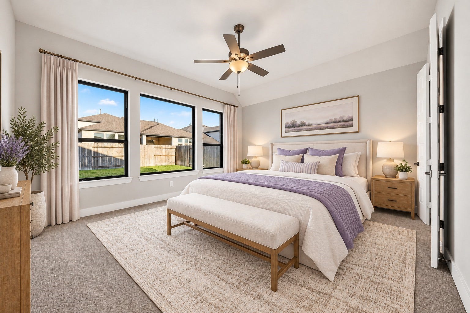 16270 Blue Mistflower Lane, Hockley, TX 77447 Primary Bedroom: Relaxing primary retreat featuring high ceilings, an impressive wall of windows, abundant natural light, and an inviting atmosphere.